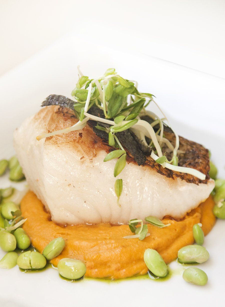 Asian Style Sea Bass with a Carrot Ginger Puree and Edamame