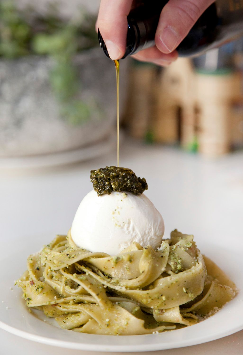 Pappardelle with Basil Pesto, Ricotta & Burrata