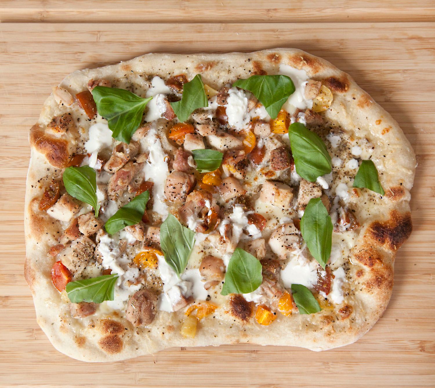 Sourdough White Pizza with Chicken, Tomato & Basil