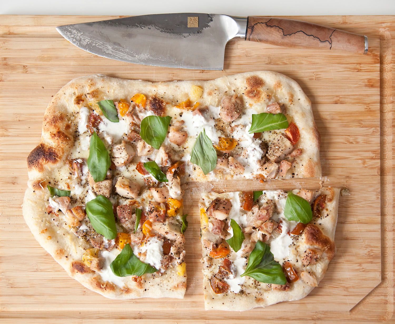 Sourdough White Pizza with Chicken, Tomato & Basil