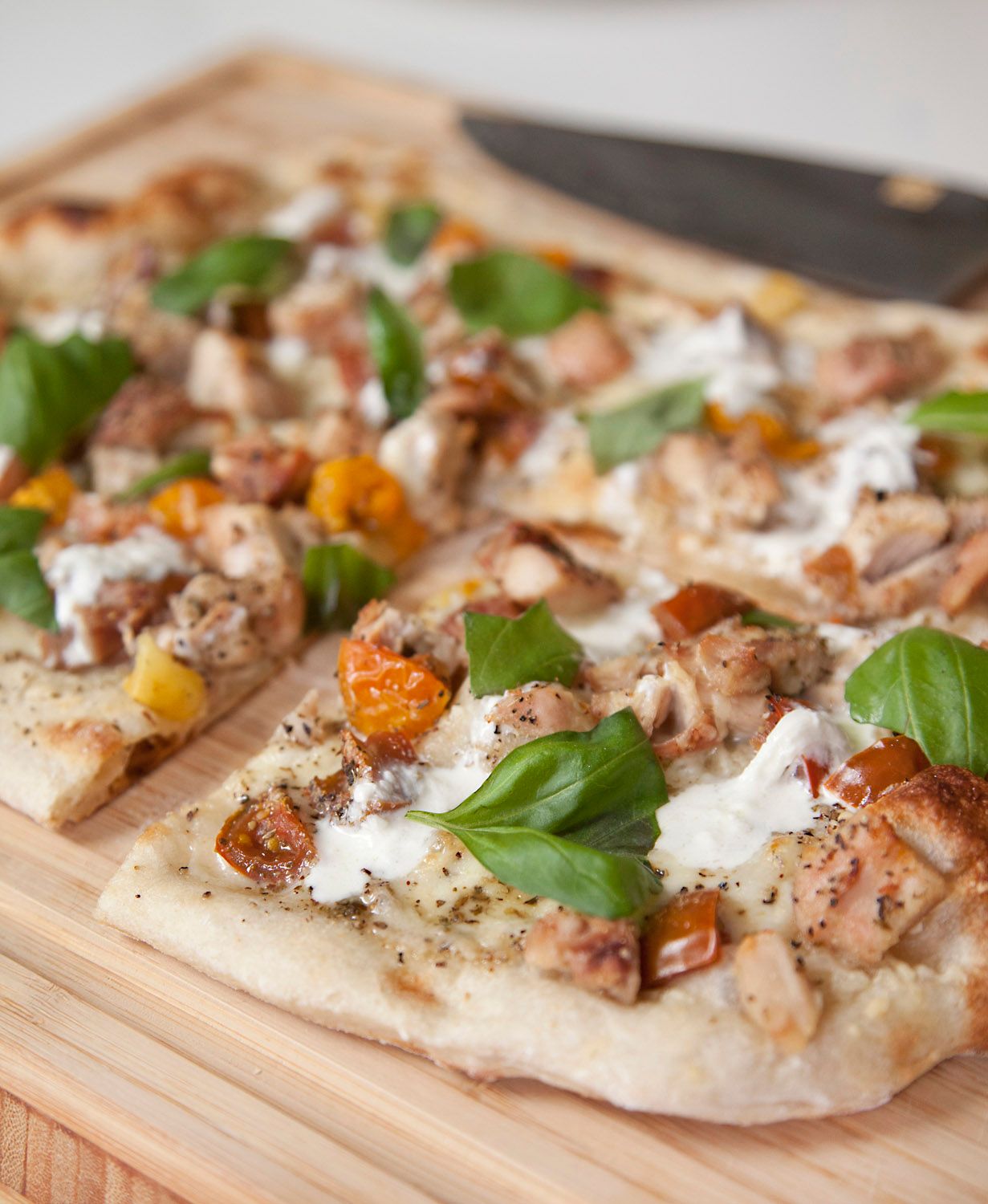 Sourdough White Pizza with Chicken, Tomato & Basil