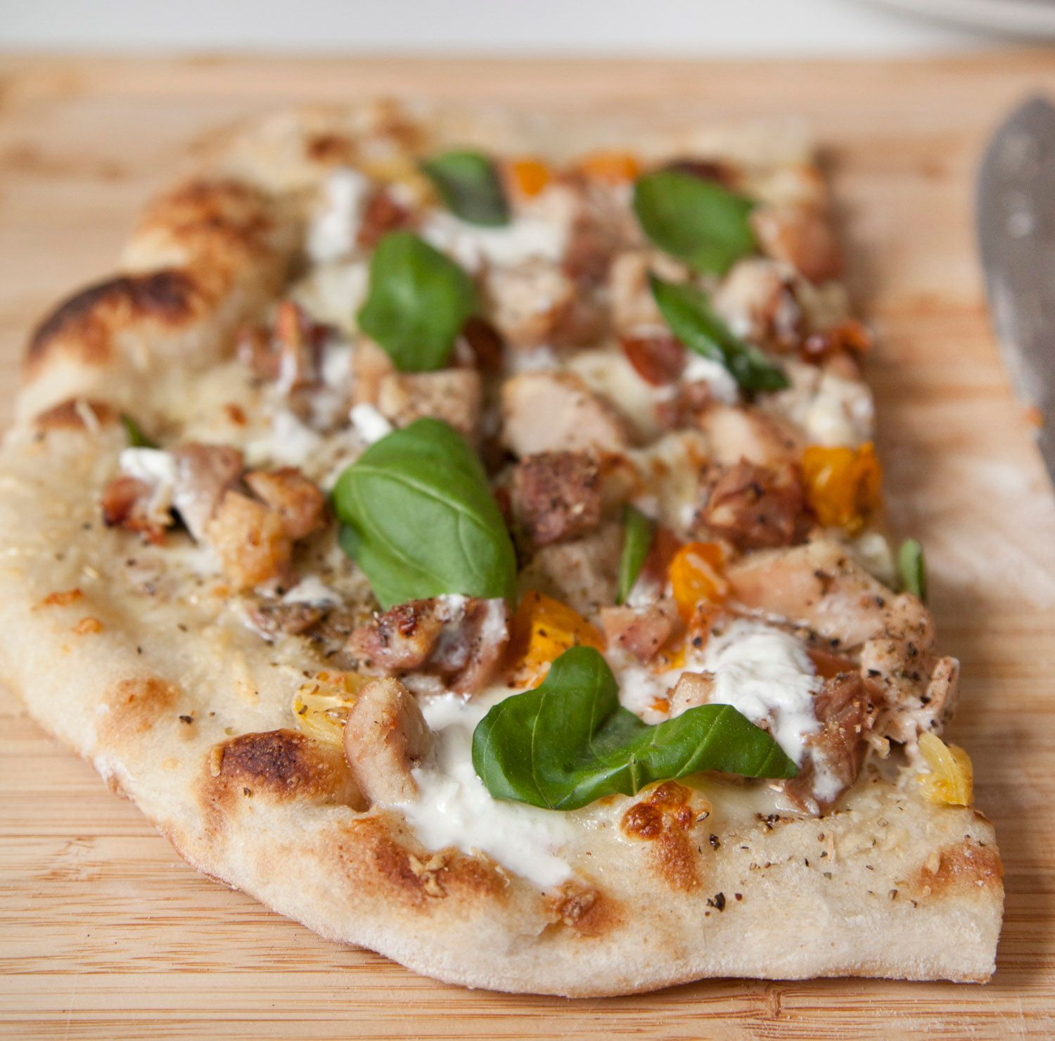 Sourdough White Pizza with Chicken, Tomato & Basil