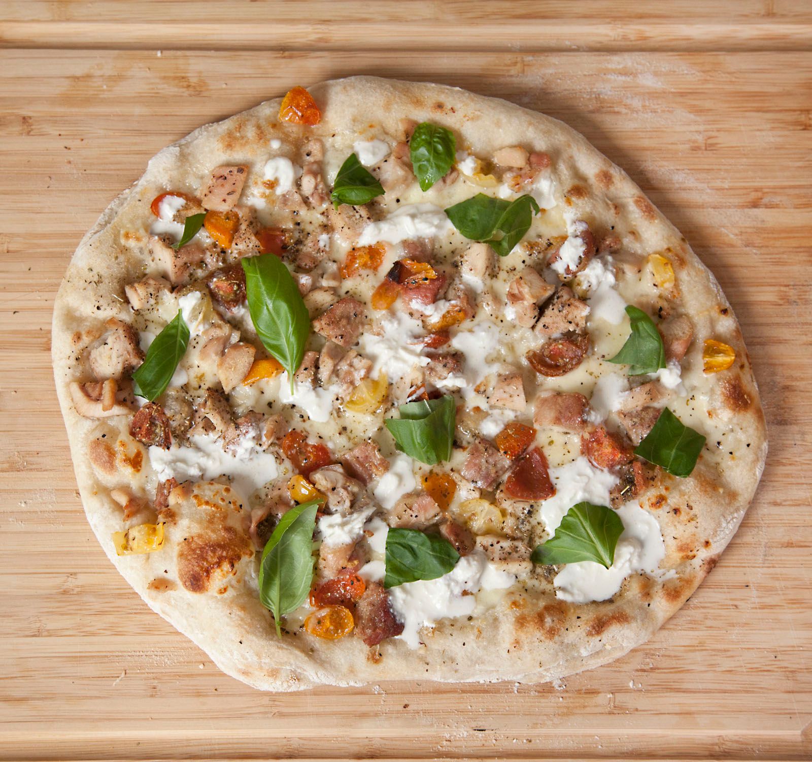Sourdough White Pizza with Chicken, Tomato & Basil